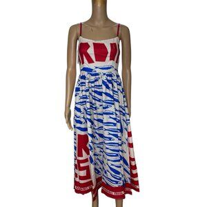 Women Fit & Flare Dress Size S Print Sardines Blue Red Square Neck Sleeveless